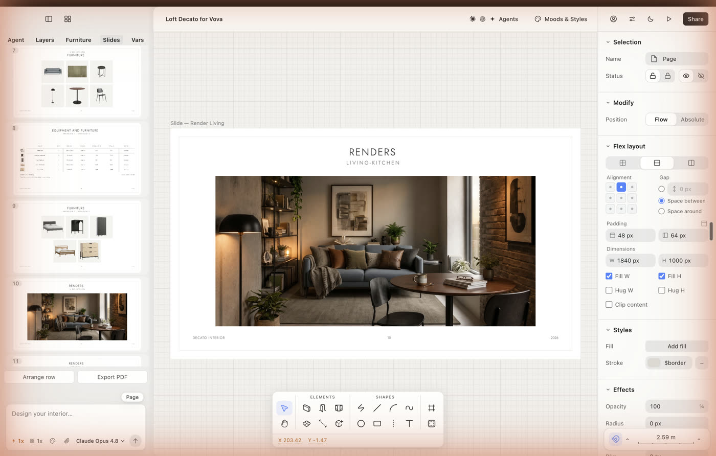 The Decato app: a deck of furniture and render slides on the left, the living-room render in the canvas, layout controls on the right