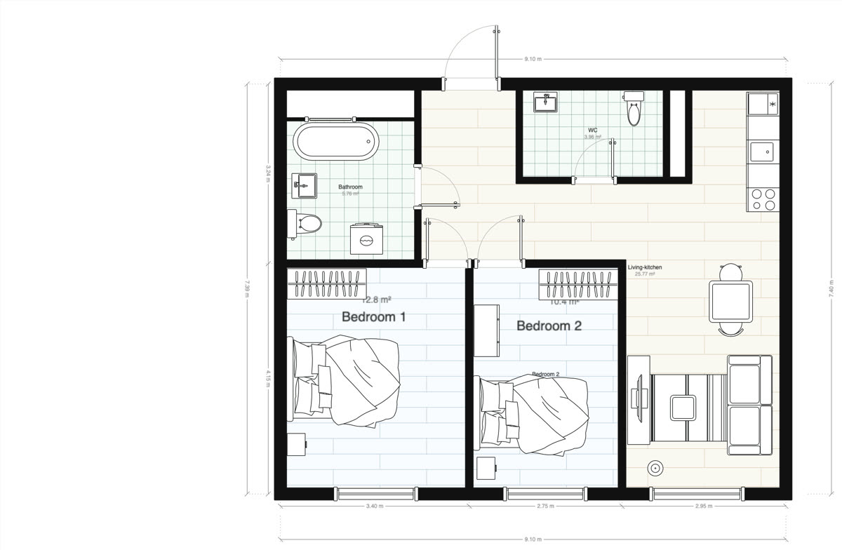 Floor plan of a two-bedroom flat read by Decato, with wall lengths, door swings, room areas and furniture placed to scale
