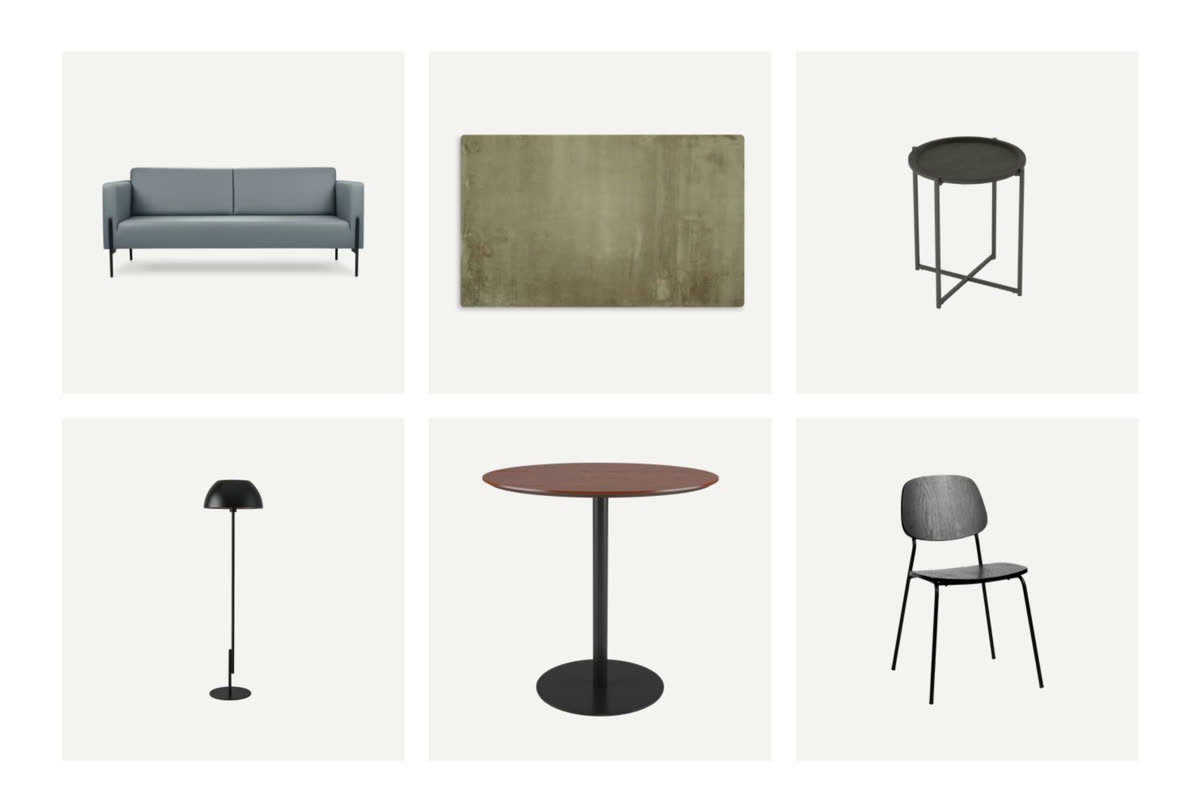 Six product cut-outs: grey sofa, olive rug, black side table, floor lamp, round walnut table, black chair