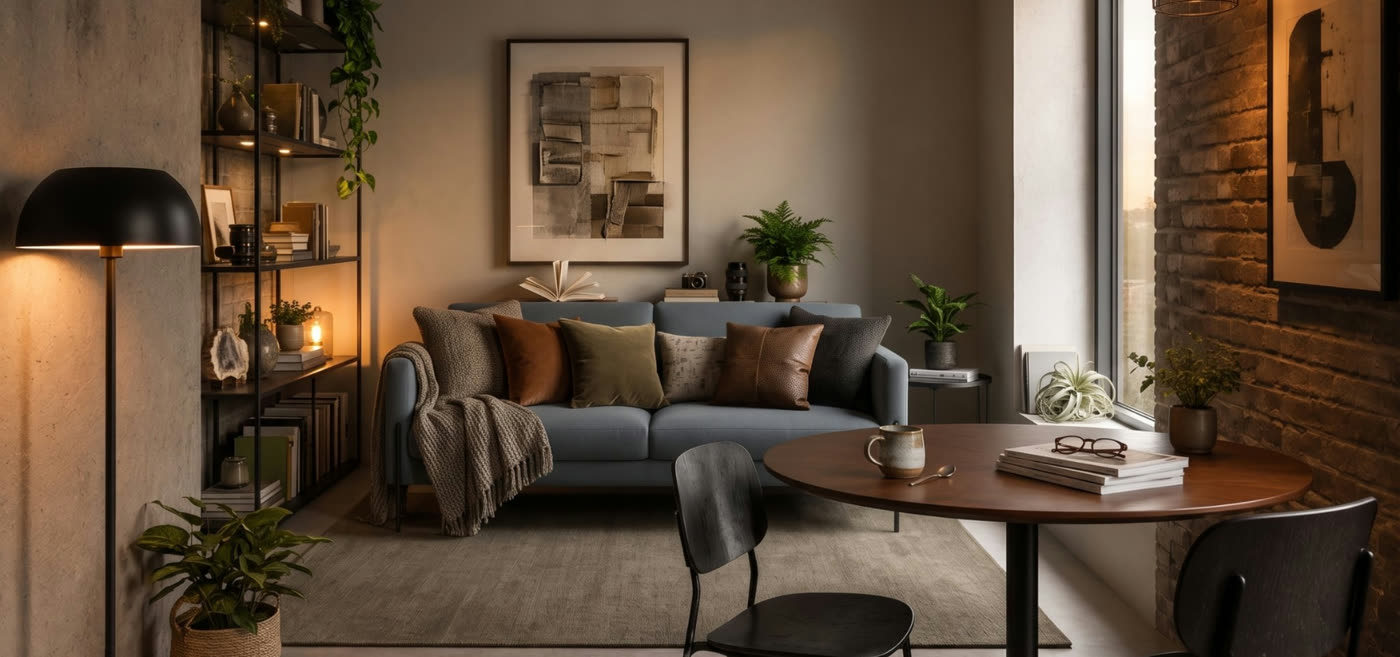 A living room rendered by Decato: grey sofa with brown and olive cushions, black floor lamp, walnut round table, exposed brick by the window