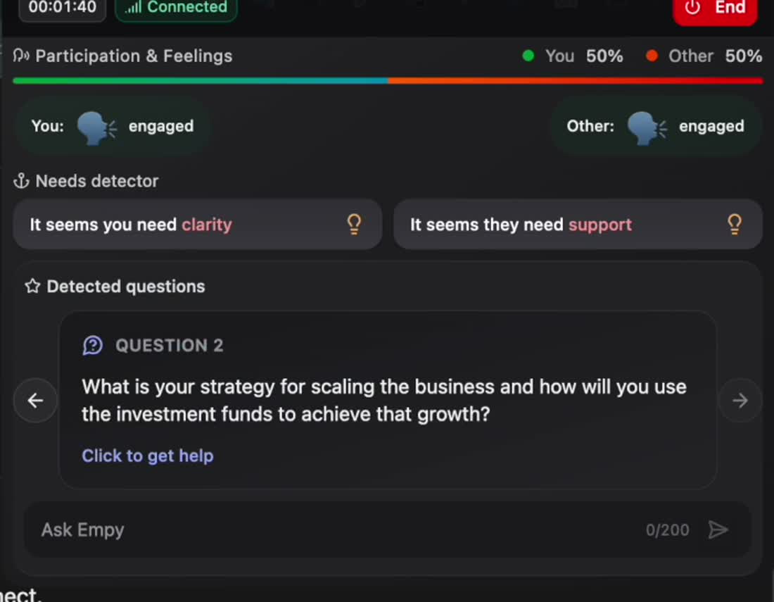 The Empy panel during a call: a talk-time split, engagement states for both sides, a needs detector reading clarity and support, and a question detected from the conversation