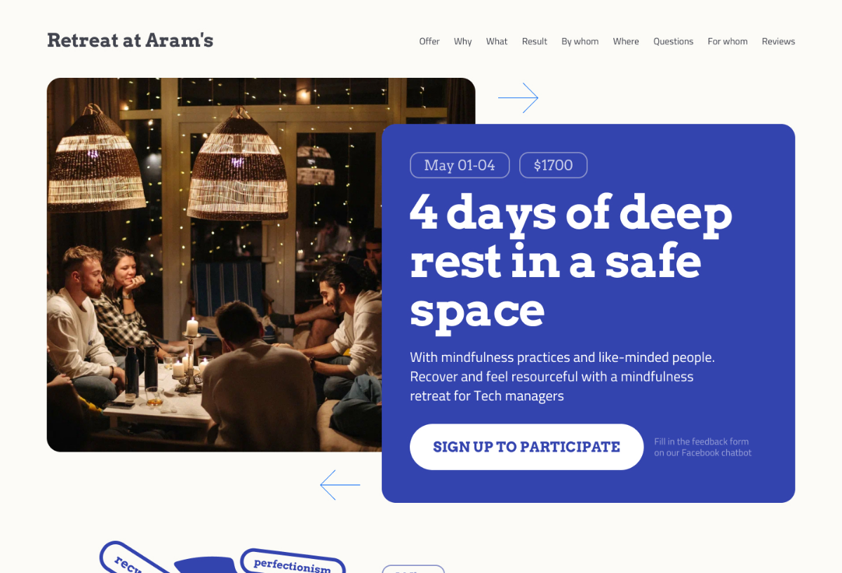 The Retreat at Aram's landing page: four days of deep rest in a safe space, May 1 to 4, $1,700, a mindfulness retreat for tech managers